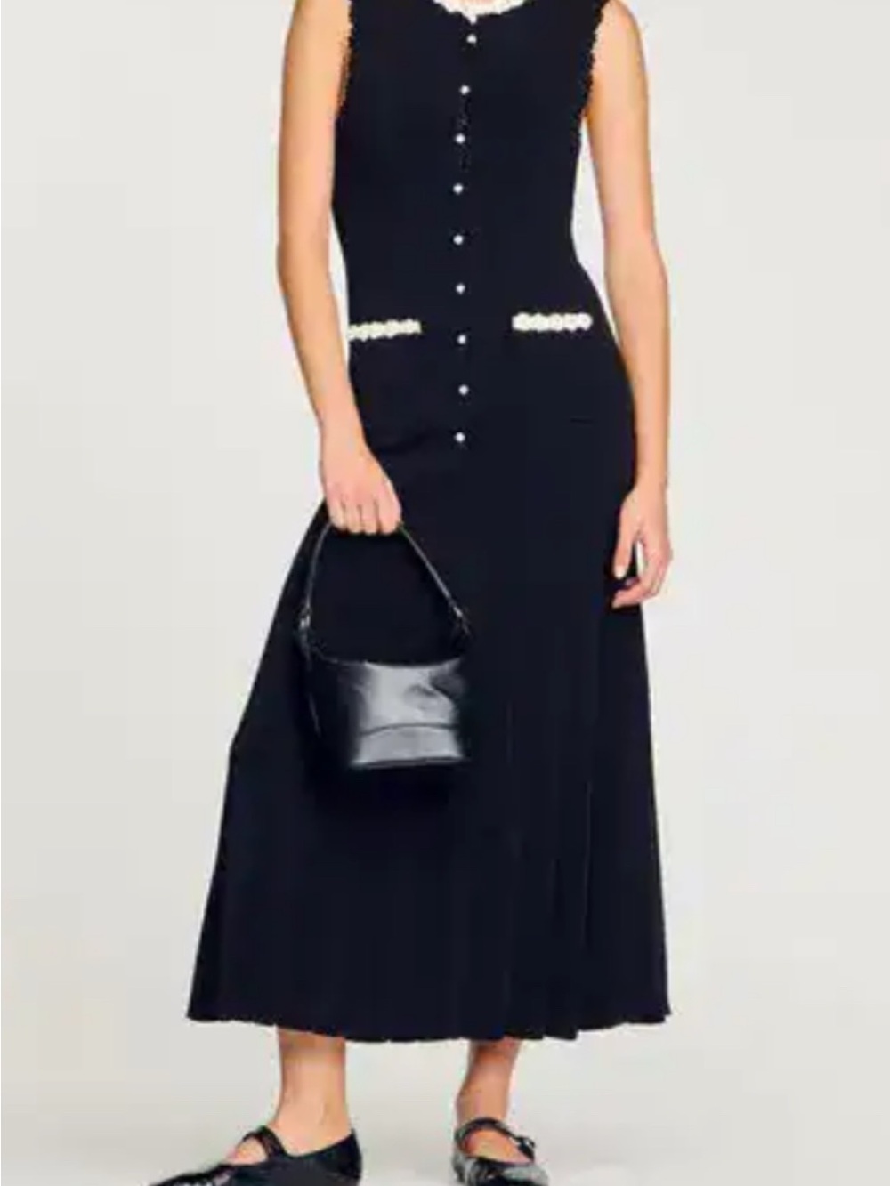 Sleeveless Black Maxi Dress with Pearl Trim